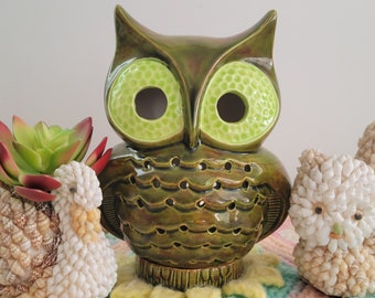 Vintage Ceramic Green Drip Glaze Owl Candle Holder Lantern Mid Century Kitsch