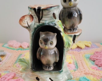 Vintage Ceramic Owls in Tree Salt and Pepper Shaker Figurine Set Japan 60s