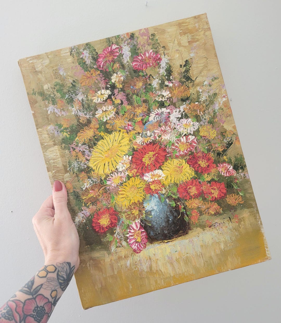 Vintage Original Daisy Bouquet Floral Still Life Oil Painting on Canvas ...