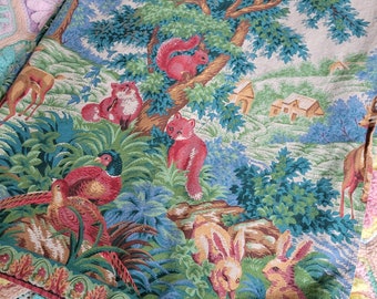 Vintage Wilton Court Woodland Cabin Lodge Animal Scene Fabric Cotton Rectangular Tablecloth 75x55