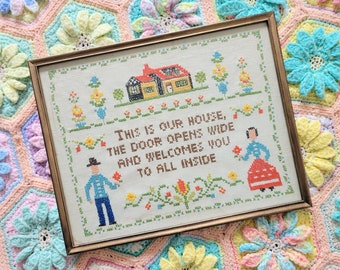 Vintage This is Our House Sampler Cross Stitch Needlework with Couple and Home Framed