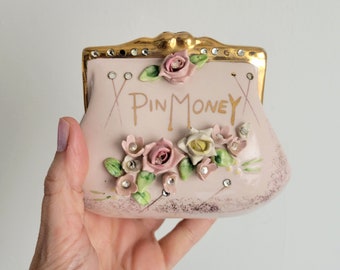 Lefton Vintage Pin Money Ceramic Purse Bank Flowers Japan