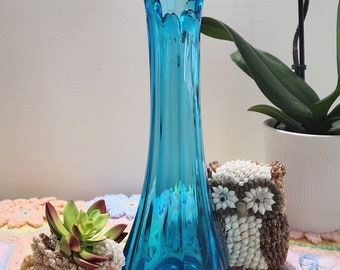 Vintage LE Smith Peacock Blue Paneled Swung Glass Vase 12" Inches