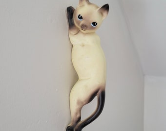 Vintage Wall Ceramic Siamese Kitty Cat Figurine Rare Japan Hanging Climbing Art