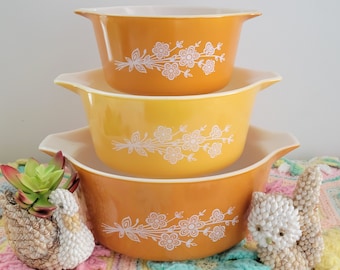 Vintage Pyrex Butterfly Gold Redesign Set of 3 Round Casserole Dishes 473, 474 and 475 Orange and Yellow - No Lids