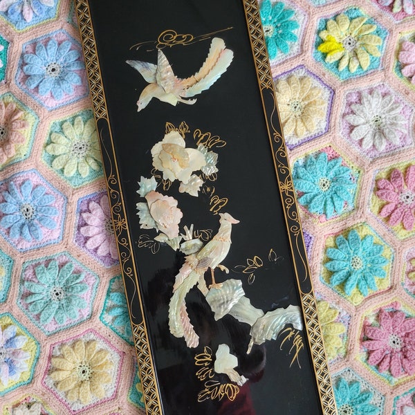Vintage Asian Oriental Black Lacquer and Mother of Pearl Shell Stone Wall Art Panel Peacocks Birds 36"
