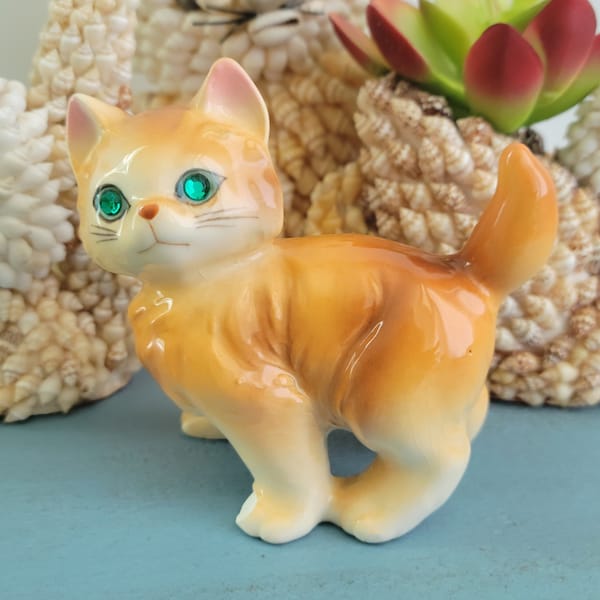 Vintage Ceramic Cat Kitten Figurine Orange Tabby with Green Crystal  Rhinestone Eyes Japan