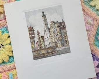 Vintage Original Hand Colored Ernst Geissendorfer Colored Etching of Rothenburg Germany City Scene | Fountain of St George Pencil Signed