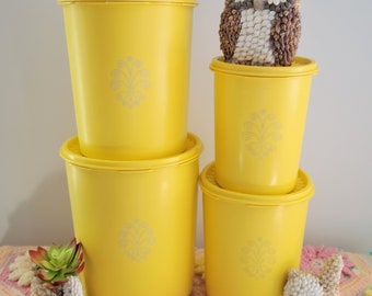 Set of 4 Vintage Tupperware Bright Yellow Servalier Nesting Canisters with Lids -2 Lids Have Damage