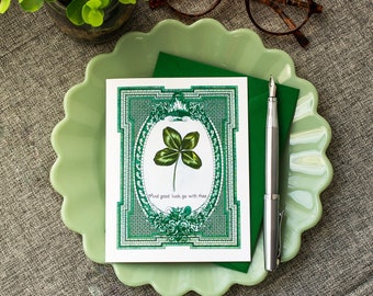 St. Patrick's Day Card - Four Leaf Clover Good Luck Card - Luck of the Irish St Patricks Day Card