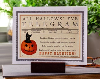 Black Cat Halloween Card - Jack-O-Lantern - Halloween Telegram - Happy Haunting - Nostalgic Halloween Card