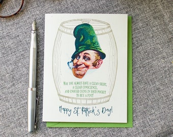 Funny St. Patrick's Day Leprechaun Card - Irish Blessing Card - St Patricks Day Greeting  -  Clean Shirt, Clear Conscience, Coins for a Pint