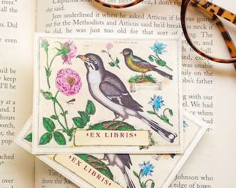 Botanical Bird Bookplate Set - Personalized Floral Book Plates - Ex Libris - Bookplate Stickers - Customized Book Labels - Bookish Gift