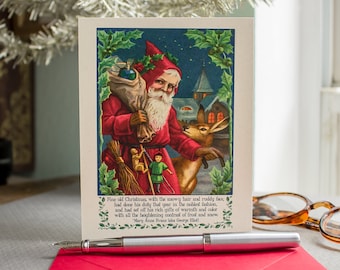 Santa Claus Christmas Cards Boxed Set ,  Bookish Holiday Cards , Christmas Greetings for Book Lovers , Set of 8 Cards and Envelopes