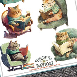 May include: Four illustrations of cats reading books in armchairs. The cats are wearing sweaters and glasses. The illustrations are in a watercolor style and have a whimsical feel. The text "Sunshine and Ravioli" is at the bottom of the image.