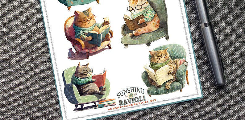 May include: Four illustrations of cats reading books in armchairs. The cats are wearing sweaters and glasses. The illustrations are in a watercolor style and have a whimsical feel. The text "Sunshine and Ravioli" is at the bottom of the image.