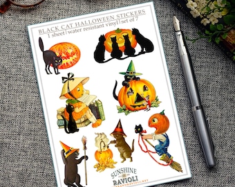 Vintage Halloween Sticker Sheet: Spooky Black Cats & Pumpkins