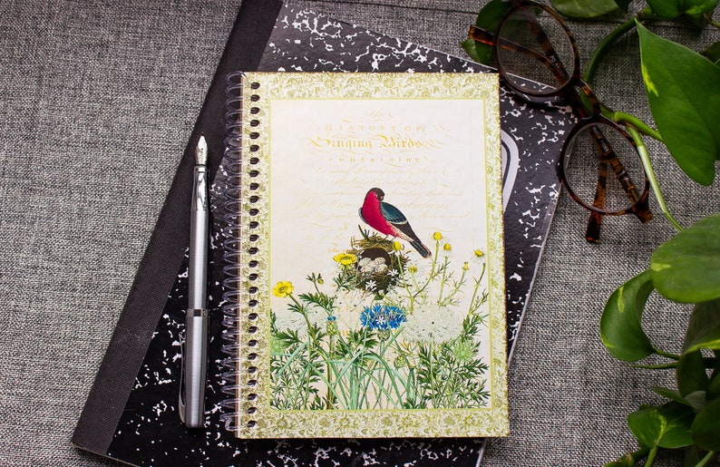 Spiral Notebook Song Bird Notebook Dot Grid Notebook Gift for Bird Watchers Wildflowers Notebook Floral Lined Notebook image 1