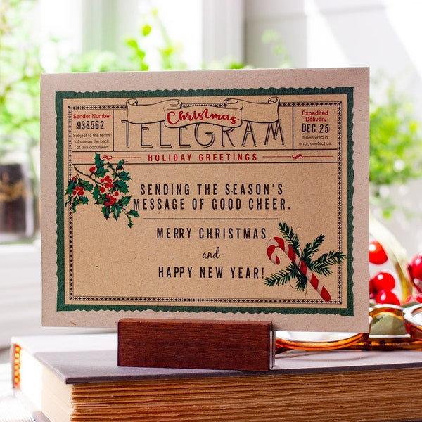 Christmas Telegram Greeting Card , Nostalgic  Candy Cane and Holly Holiday Cards , Merry Christmas , Happy New Year