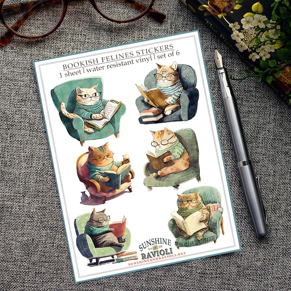 Bookish Cats Sticker Sheet, Vinyl Decals for Laptops, Journals, Water Bottles, Gift for Readers