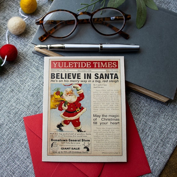 Santa Christmas Cards: Yuletide Times Newspaper Design, Set of 8