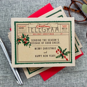 Christmas Telegram Greeting Cards Boxed Set ,  Nostalgic  Candy Cane and Holly Holiday Cards , Set of 8 Cards + Envelopes