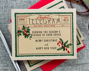 Christmas Telegram Greeting Cards Boxed Set ,  Nostalgic  Candy Cane and Holly Holiday Cards , Set of 8 Cards + Envelopes