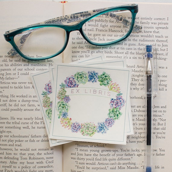 Succulent Wreath Bookplate Stickers personalized book labels set of 10
