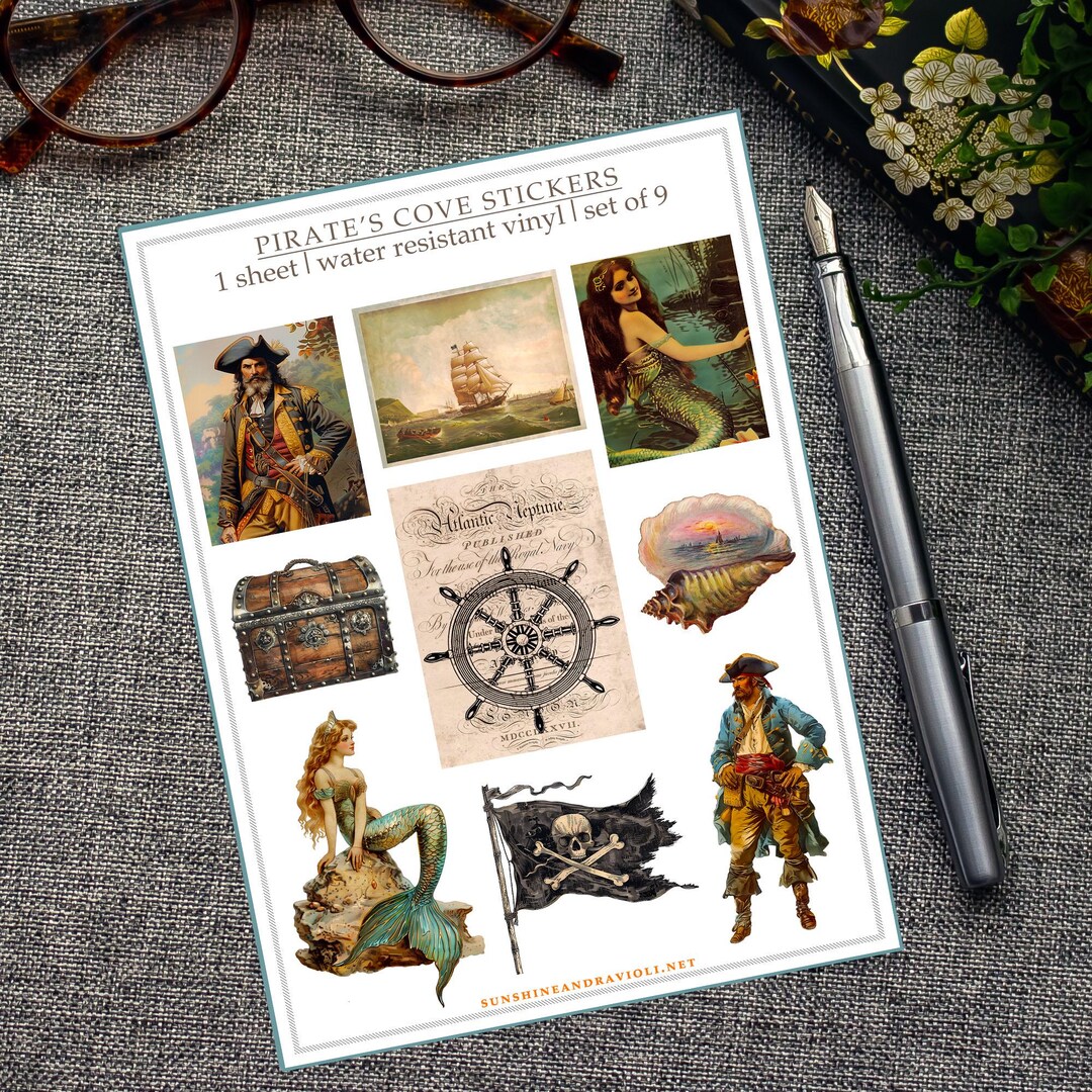 Pirates and Mermaids Sticker Sheet, Vintage Nautical Vinyl Stickers ...