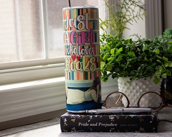 Bookish Insulated Tumbler - Just a Girl Who Loves Books - Girl in Library - Book Lover Gift for Best Friend