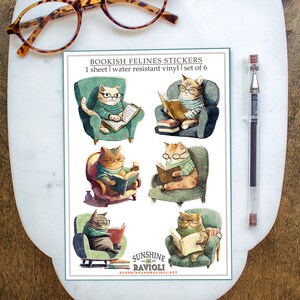 May include: Six colorful stickers featuring cats reading books in armchairs. The stickers are water resistant and come on a single sheet. The text on the sheet reads "Bookish Felines Stickers", "1 sheet | water resistant vinyl | set of 6", "Sunshine Ravioli", and "sunshineandravioli.net".