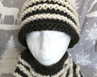 Striped Rolled Brim Hat with Matching Neck Warmer
