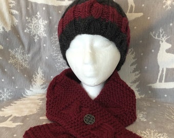 Grey and Red Cable Hat with Matching Red Neck Warmer