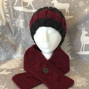 Grey and Red Cable Hat with Matching Red Neck Warmer