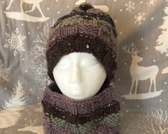 Checker Board Pompom Hat and Matching Neck Warmer