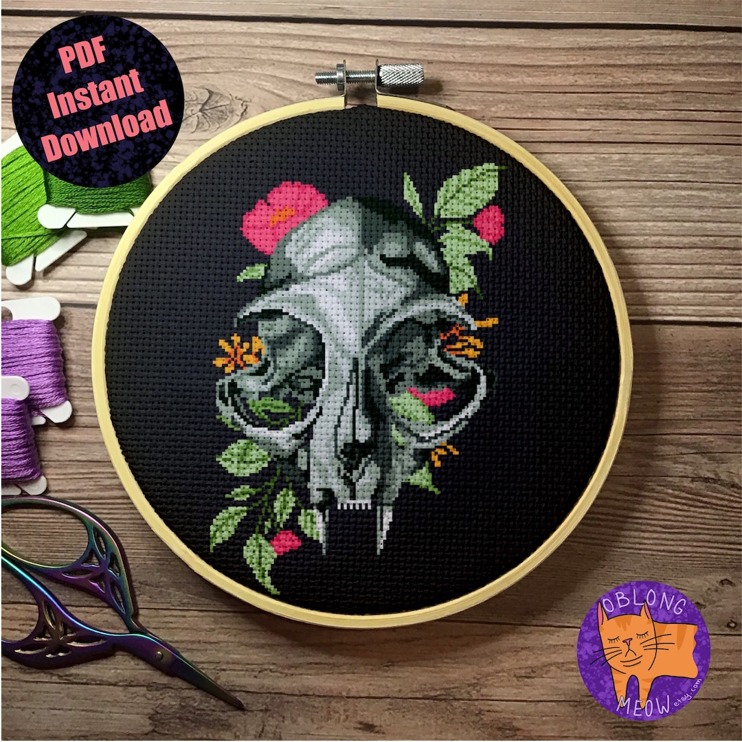 Floral Cat Skull Cross Stitch Pattern PDF Instant Download - Etsy