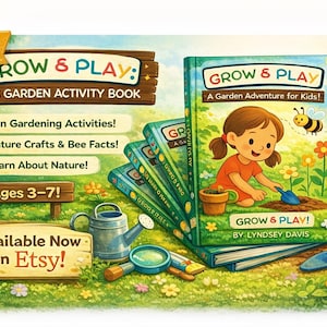 Puede incluir: Libro de actividades infantiles "Grow & Play: Kids Garden Activity Book" con una ilustración de dibujos animados de una niña jardinando. La portada muestra a una niña plantando semillas, abejas y flores. También se ven libros y herramientas de jardinería.