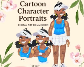 May include: Digital art commission advertisement featuring cartoon character portraits. The image shows three cartoon illustrations of a woman in athletic wear, with options for bust, half-body, and full-body portraits. Text includes "Custom Cartoon Character Portraits."