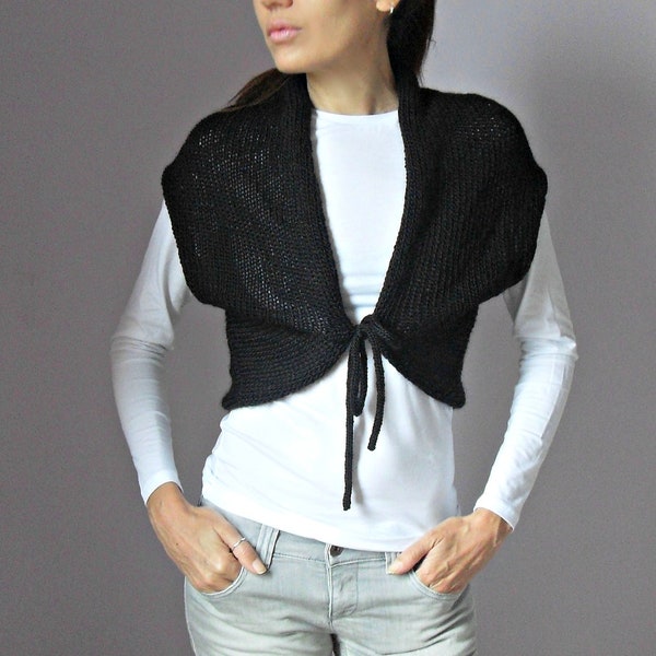 HandKnitted Shrug with ribbons - Black - Medium Size - 100x100 Merino Wool