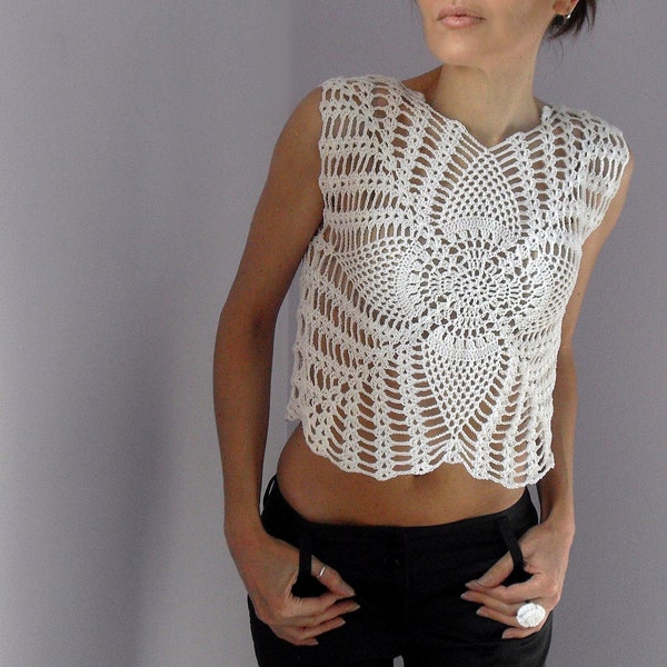 Crocheted tank top - pineapples pattern - Cotton - elegant and romantic - White Princess