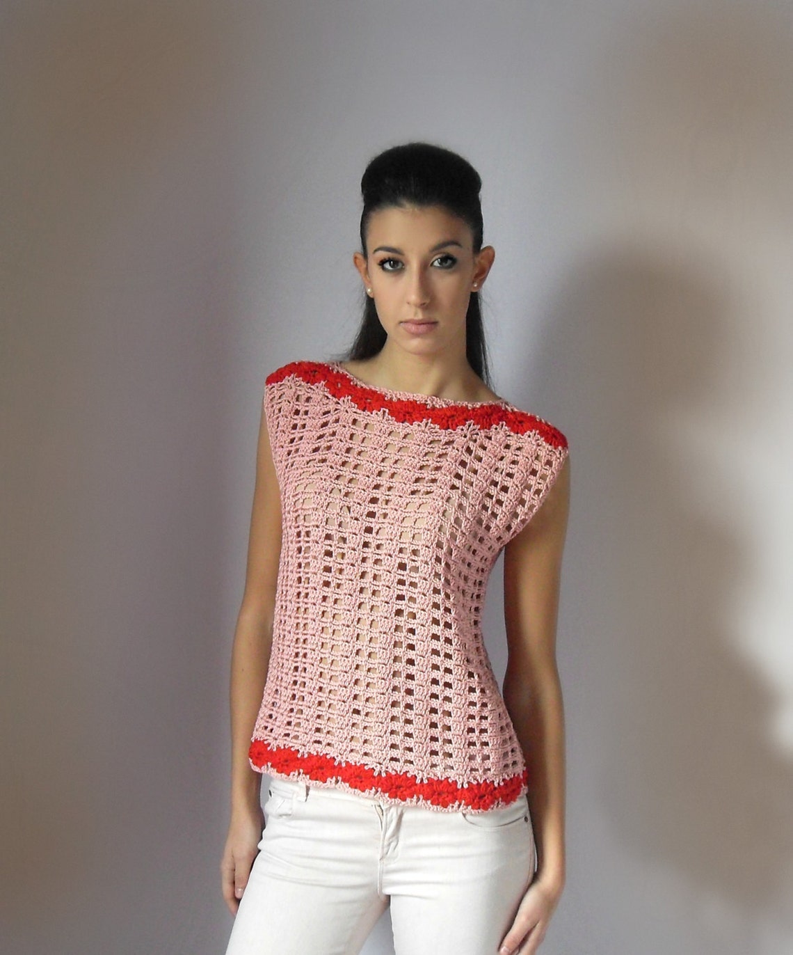 Crochet Summer Tank Top With Lace Pattern Handmade Pink Etsy