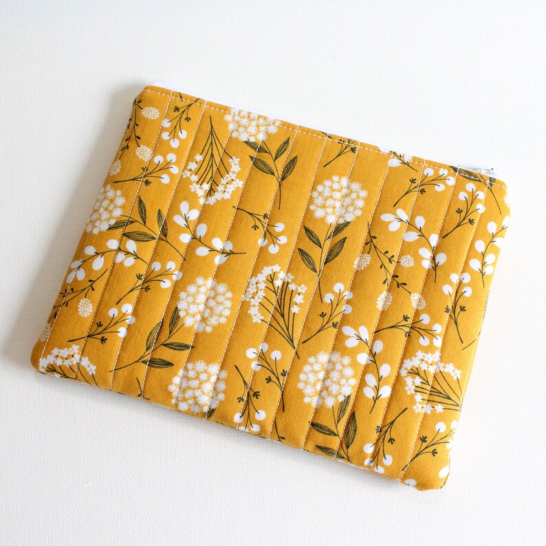 Travel Zippered Pouch for Women and Teens, Cosmetic Case or Makeup Bag, Mustard Woodland Fabric image 4