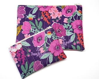 Purple Floral Zipper Pouch, Quilted Cosmetic Bag or Coin Purse in 2 Sizes