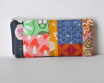 Quilted Scrap Patchwork Pouch, Zippered Makeup Bag, Cosmetic Case, Handmade, OOAK, Gift for Her