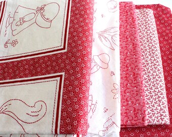 Faux Redwork Fabric Sunbonnet Sue and Sam, Cheater Panel, Quilt Kit, Prewashed Destash