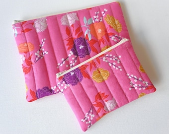 Pink Floral Everyday Pouches, Quilted Cosmetic Makeup Bag and Coin Purse