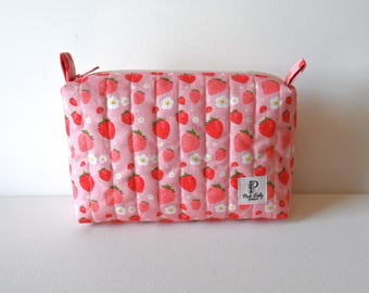Strawberry Quilted Zippered Box Pouch, Cosmetic Case or Makeup Bag