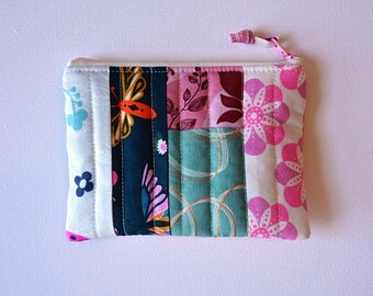 Patchwork Zipper Pouch, Quilted Coin Purse, Floral Fabric