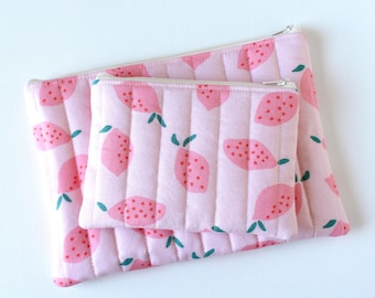 Pink Lemon Zipper Pouch: Quilted Cosmetic Bag or Coin Purse