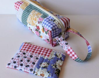 Zipper Box Pouch, Set of 2, Quilted Cosmetic Case or Makeup Bag